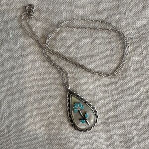Vintage CL turquoise flower on mother of pearl, sterling silver necklace